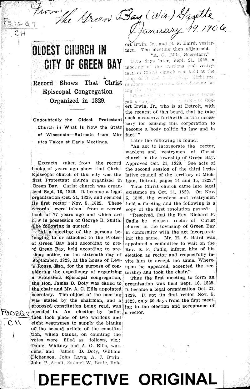  Source: Green Bay Gazette Topics: Church History Date: 1906-01-19