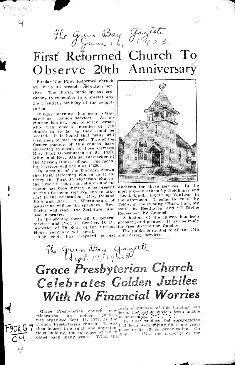  Source: Green Bay Gazette Topics: Church History Date: 1923-06-16