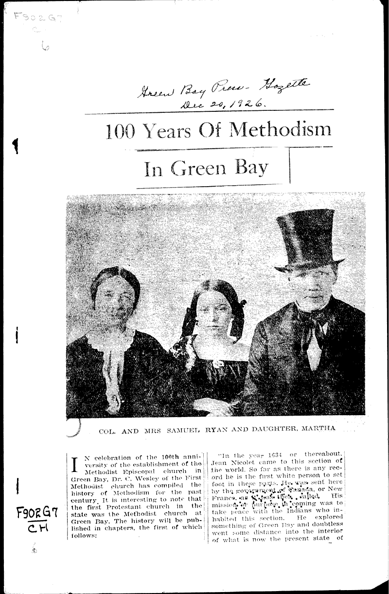  Source: Green Bay Press Gazette Topics: Church History Date: 1926-12-20
