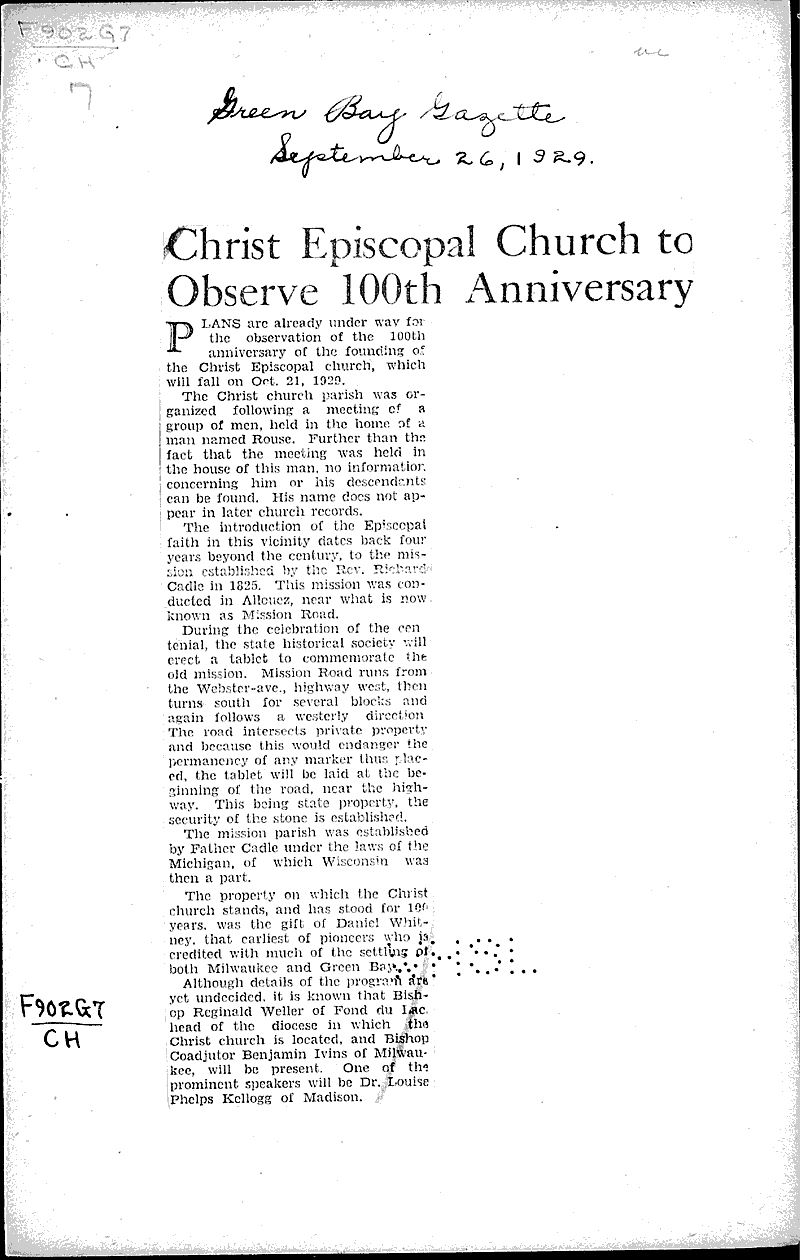  Source: Green Bay Gazette Topics: Church History Date: 1929-09-26