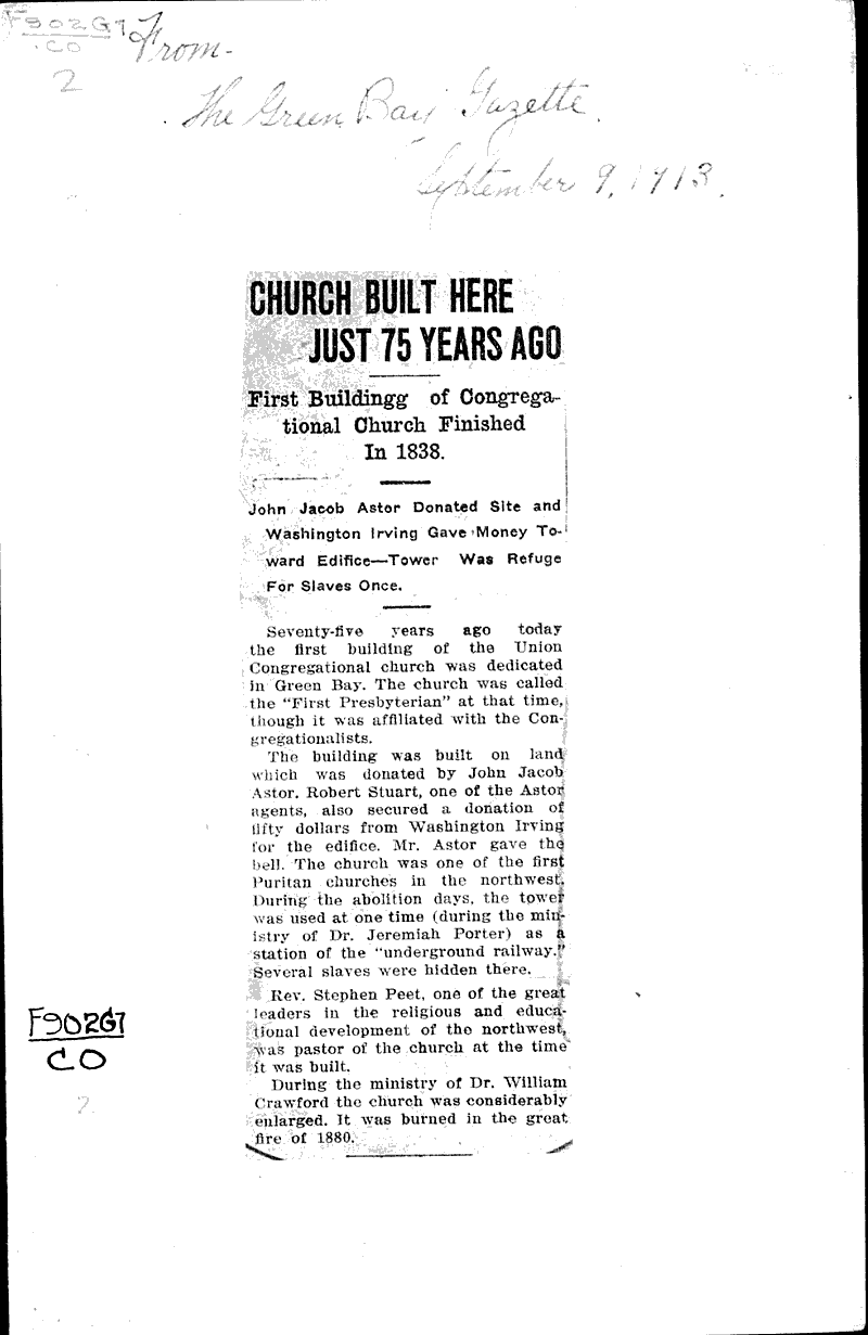  Source: Green Bay Gazette Topics: Church History Date: 1913-09-09