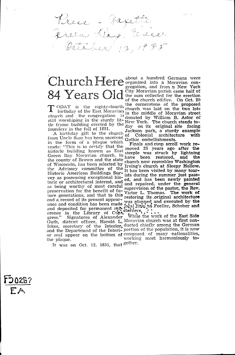  Source: Green Bay Press Gazette Topics: Church History Date: 1935-10-12