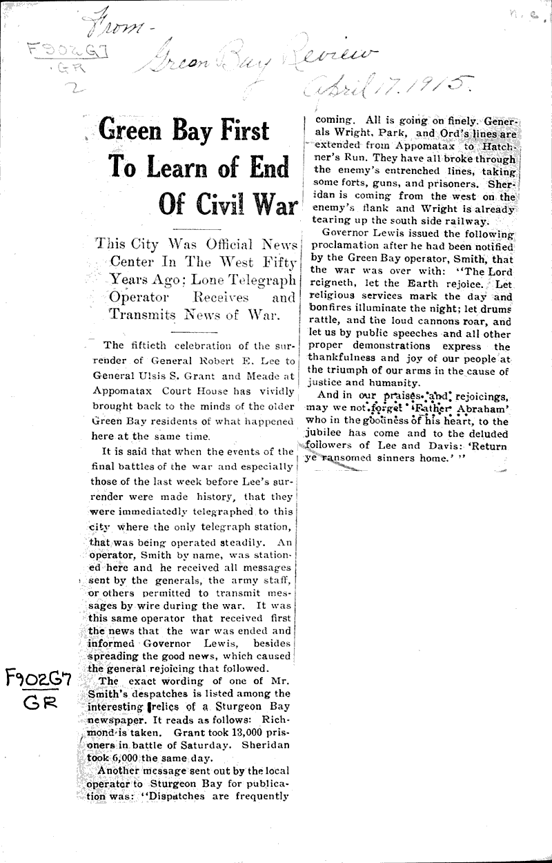  Source: Green Bay Review Topics: Civil War Date: 1915-04-17