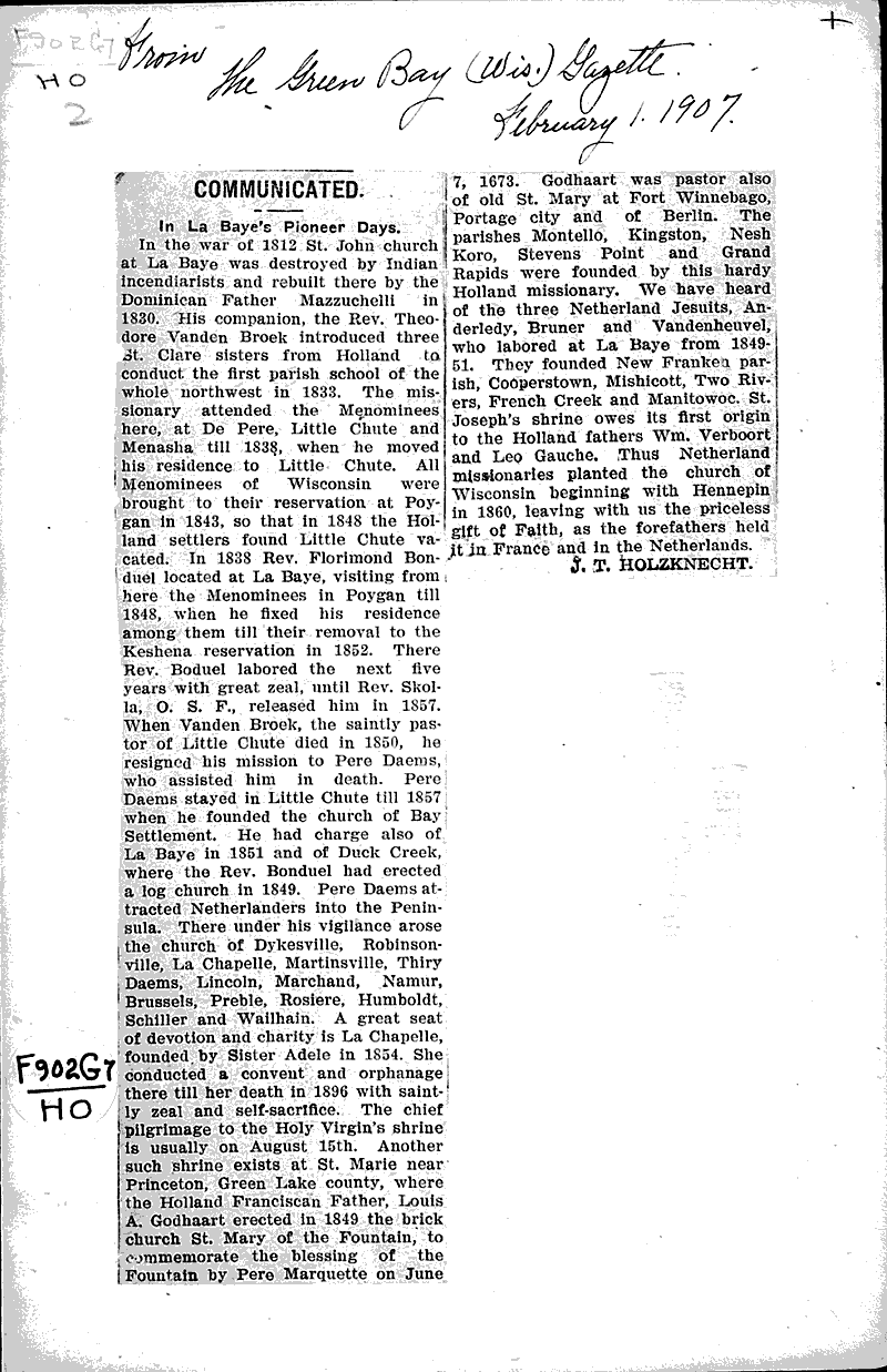  Source: Green Bay Gazette Topics: Church History Date: 1907-02-01