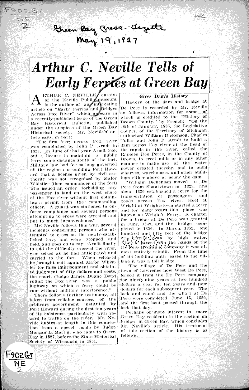  Source: Green Bay Press Gazette Topics: Transportation Date: 1927-05-19