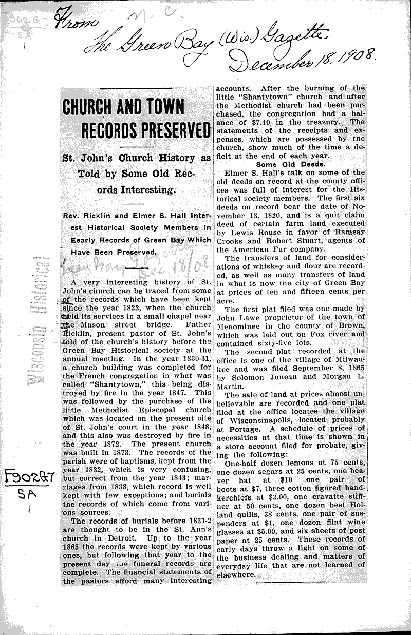  Source: Green Bay Gazette Topics: Church History Date: 1908-12-18
