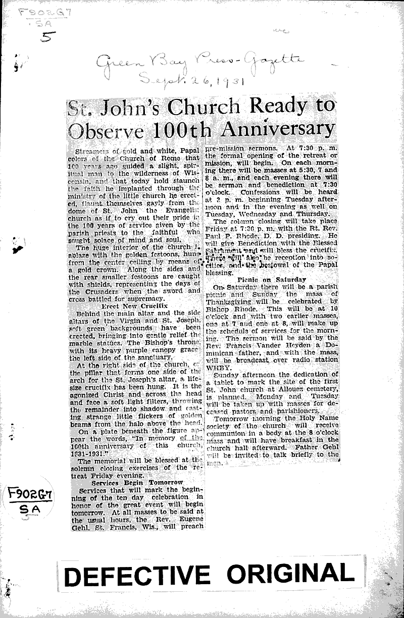  Source: Green Bay Press Gazette Topics: Church History Date: 1931-09-26
