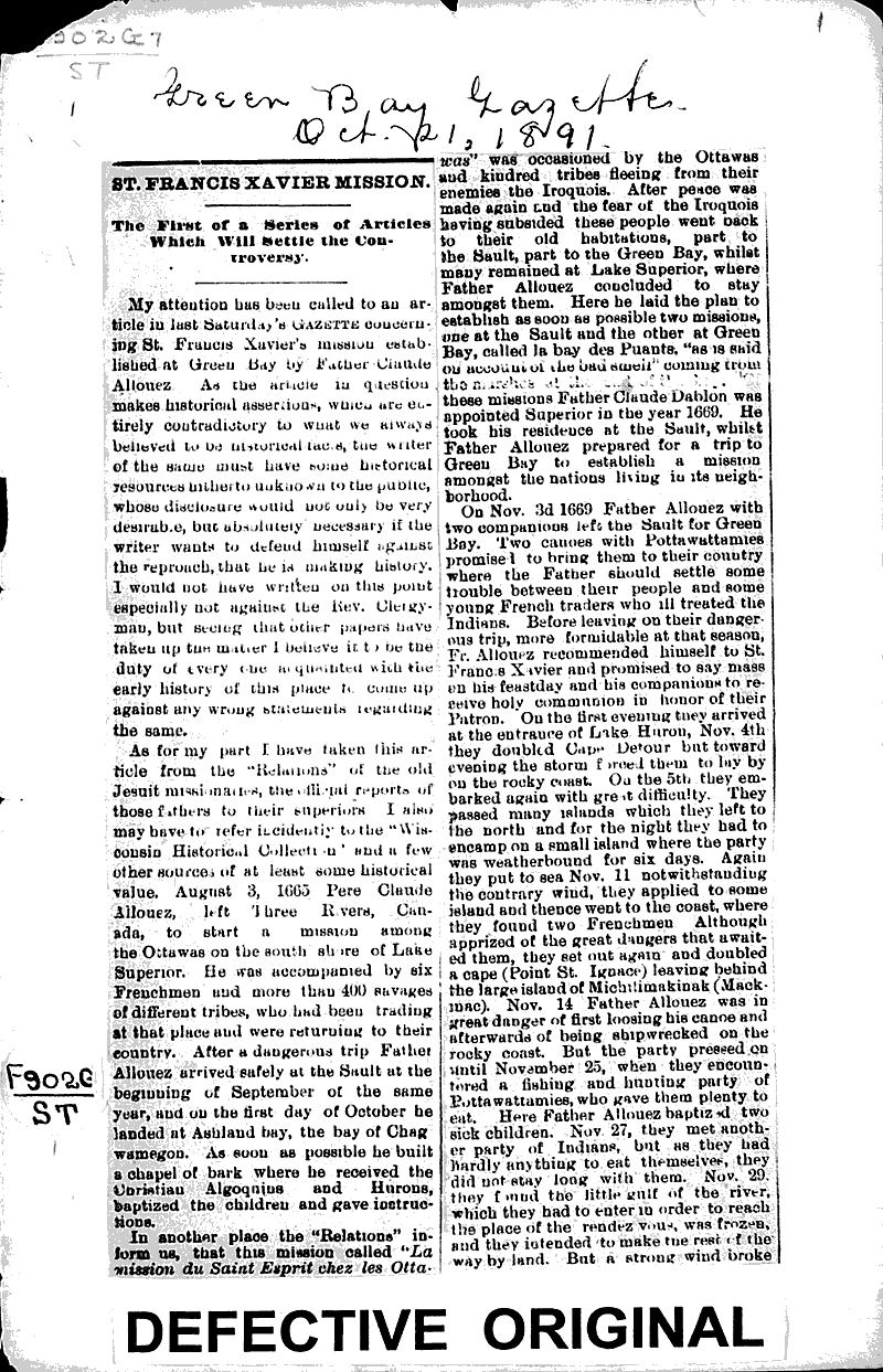  Source: Green Bay Gazette Topics: Church History Date: 1891-10-21