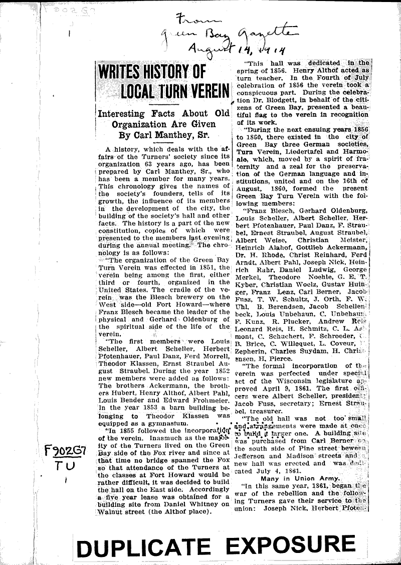  Source: Green Bay Gazette Topics: Social and Political Movements Date: 1914-08-14