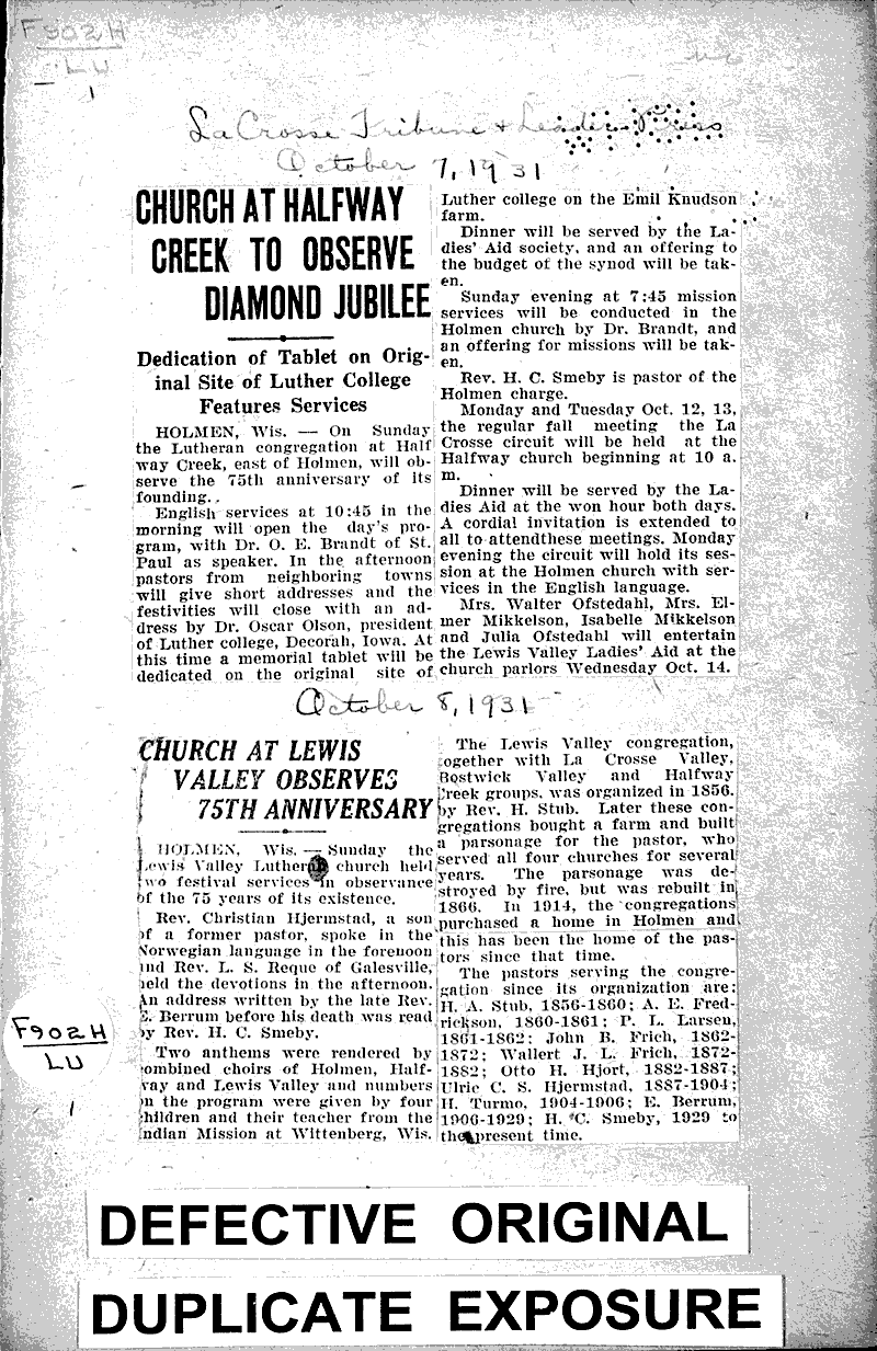  Source: La Crosse Tribune and Leader-Press Topics: Church History Date: 1931-10-07