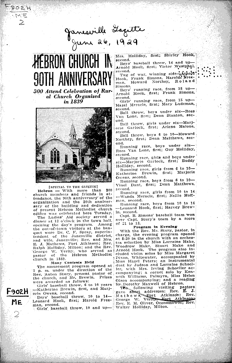  Source: Janesville Gazette Topics: Church History Date: 1929-06-26