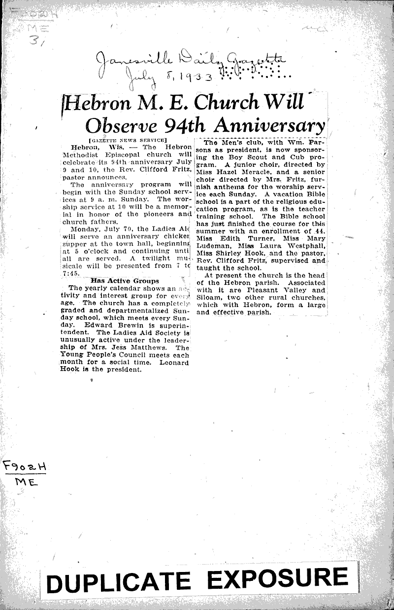  Source: Janesville Daily Gazette Topics: Church History Date: 1933-07-08