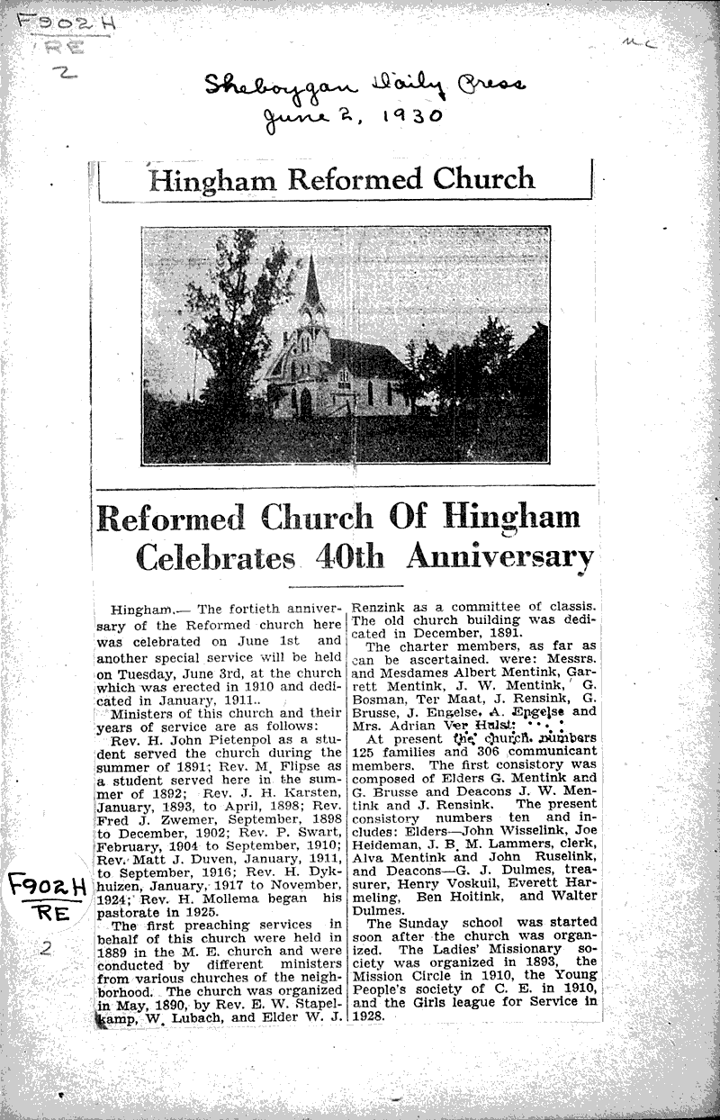  Source: Sheboygan Daily Press Topics: Church History Date: 1930-06-02
