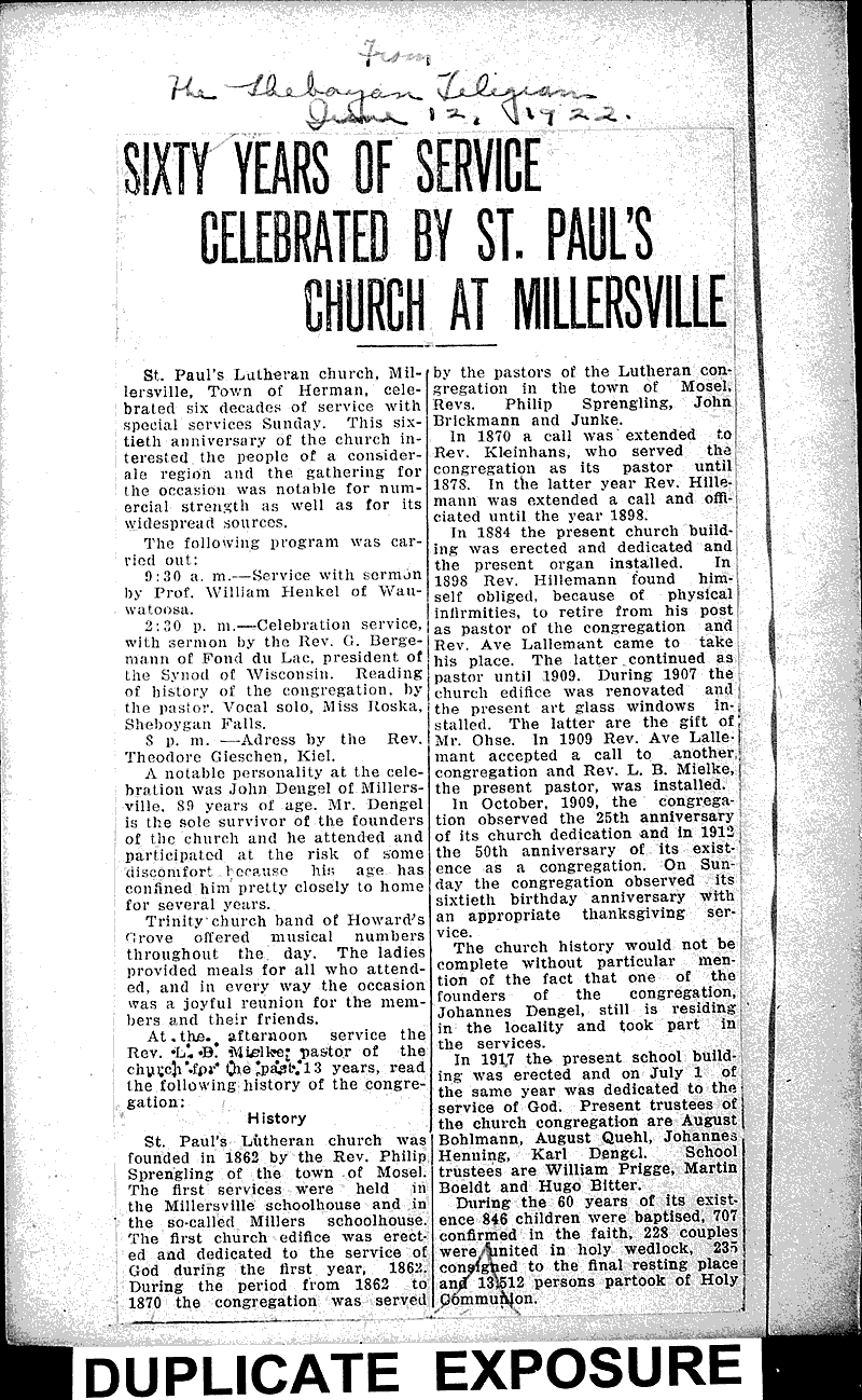  Source: Sheboygan Telegram Topics: Church History Date: 1922-06-12