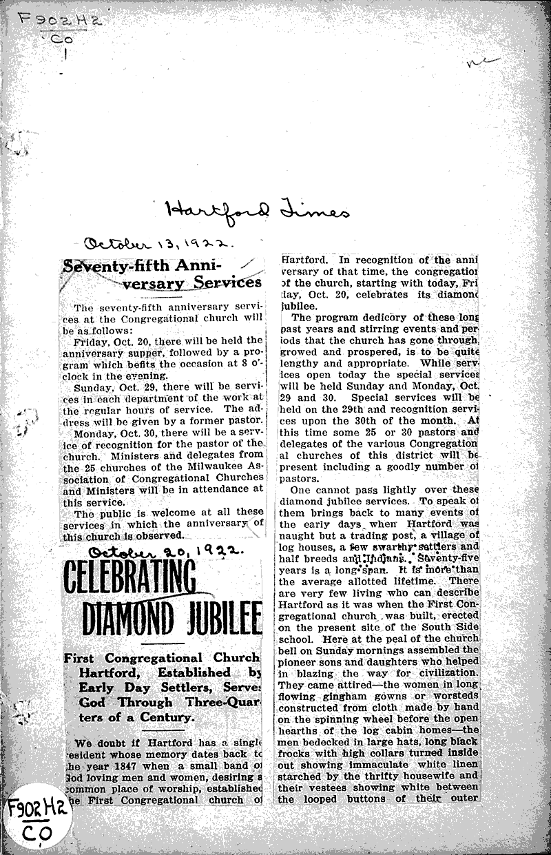  Source: Hartford Times Topics: Church History Date: 1922-10-13