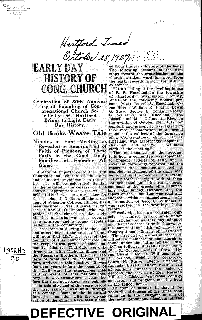  Source: Hartford Times Topics: Church History Date: 1927-10-28