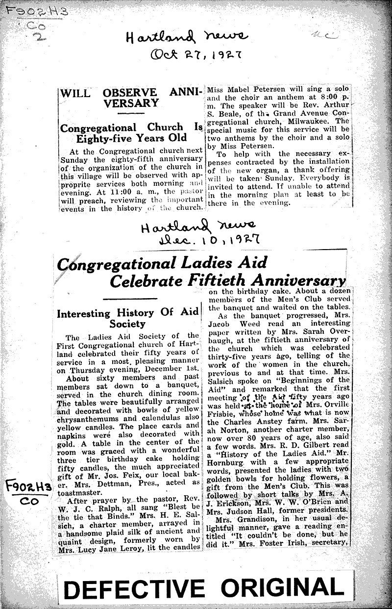  Source: Hartland News Topics: Church History Date: 1927-10-27