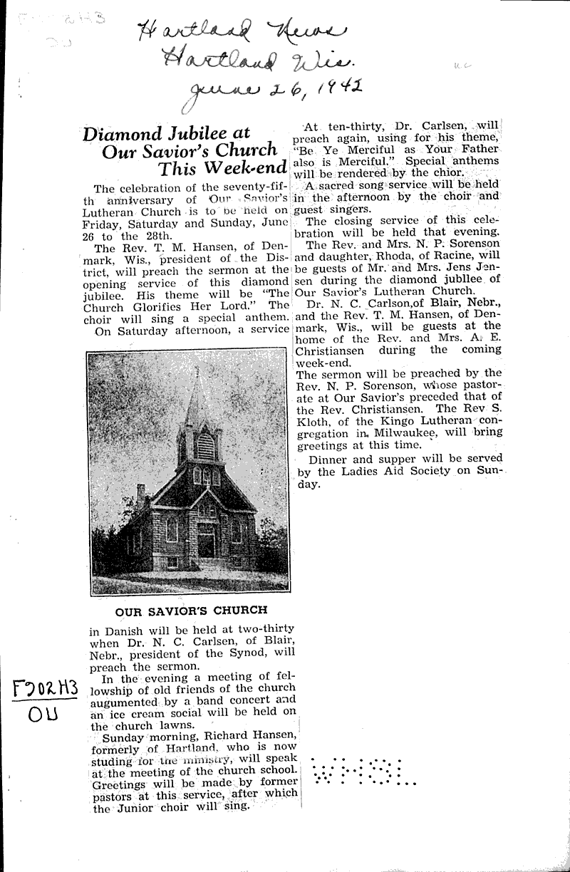  Source: Hartland News Topics: Church History Date: 1942-06-26