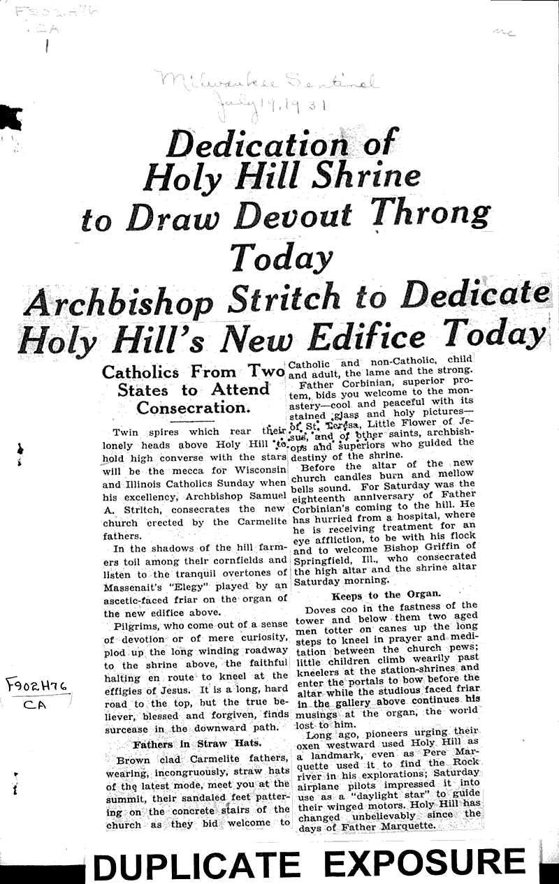  Source: Milwaukee Sentinel Topics: Church History Date: 1931-07-19