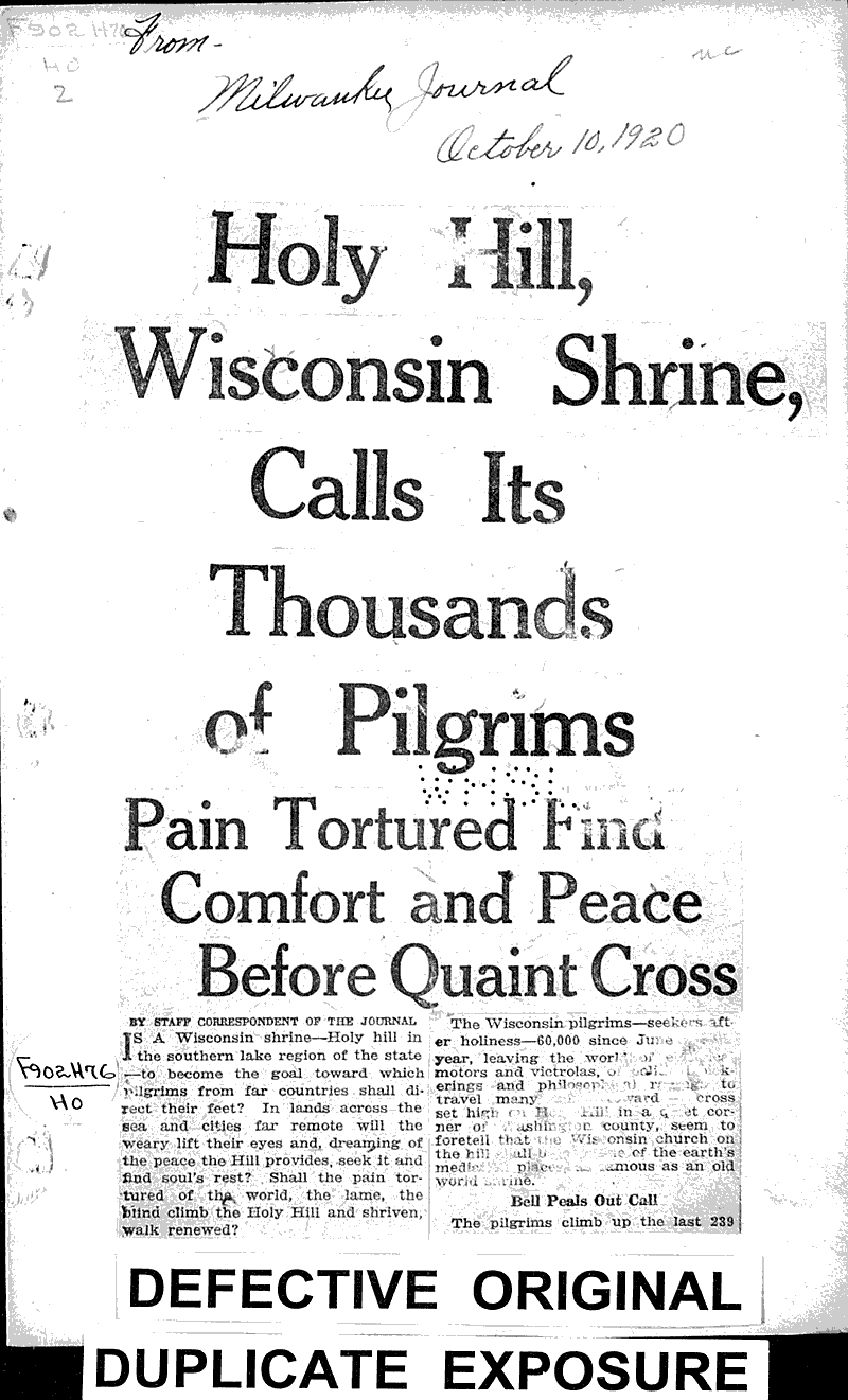  Source: Milwaukee Journal Topics: Church History Date: 1920-10-10