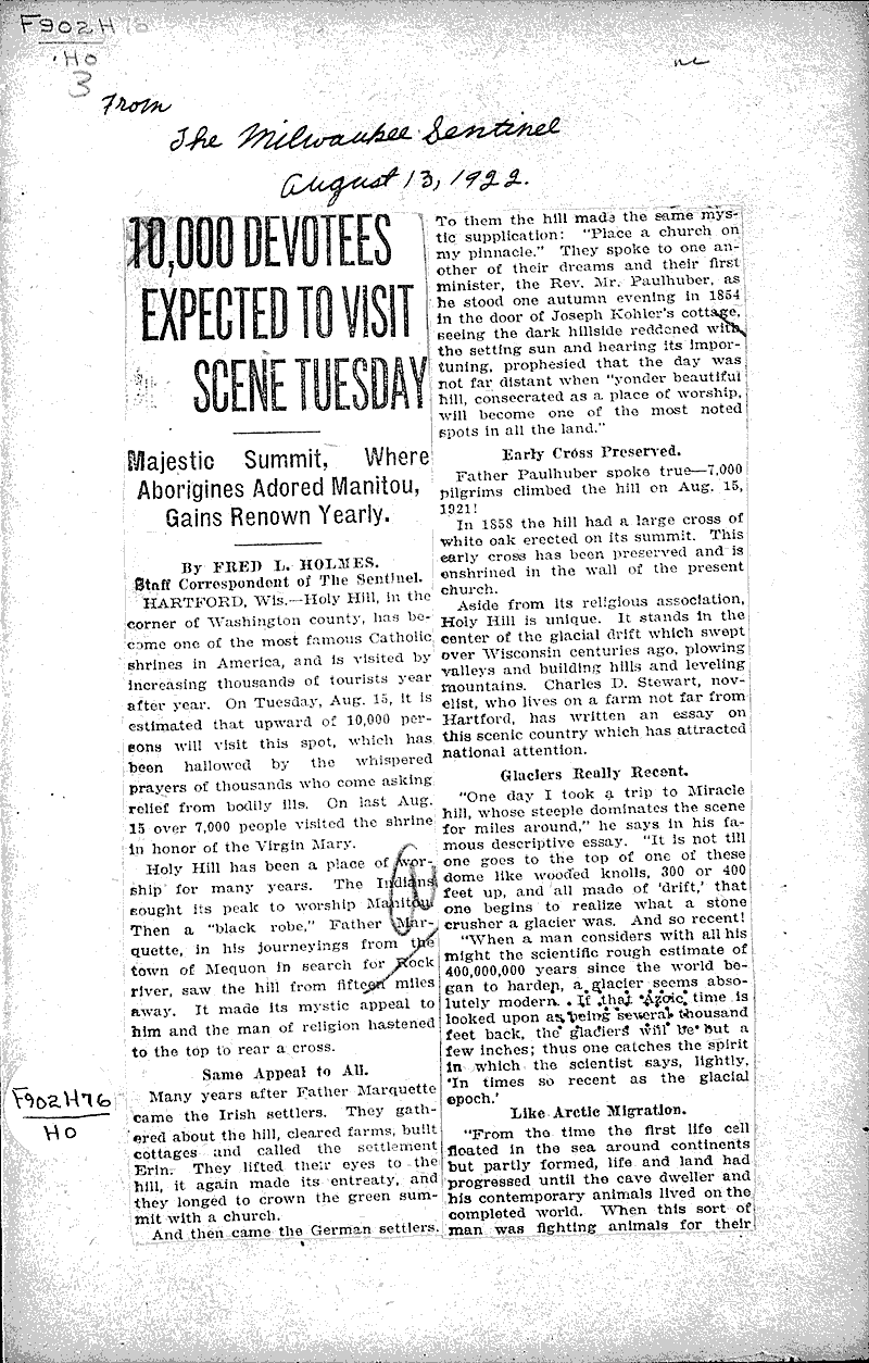  Source: Milwaukee Sentinel Topics: Church History Date: 1922-08-13