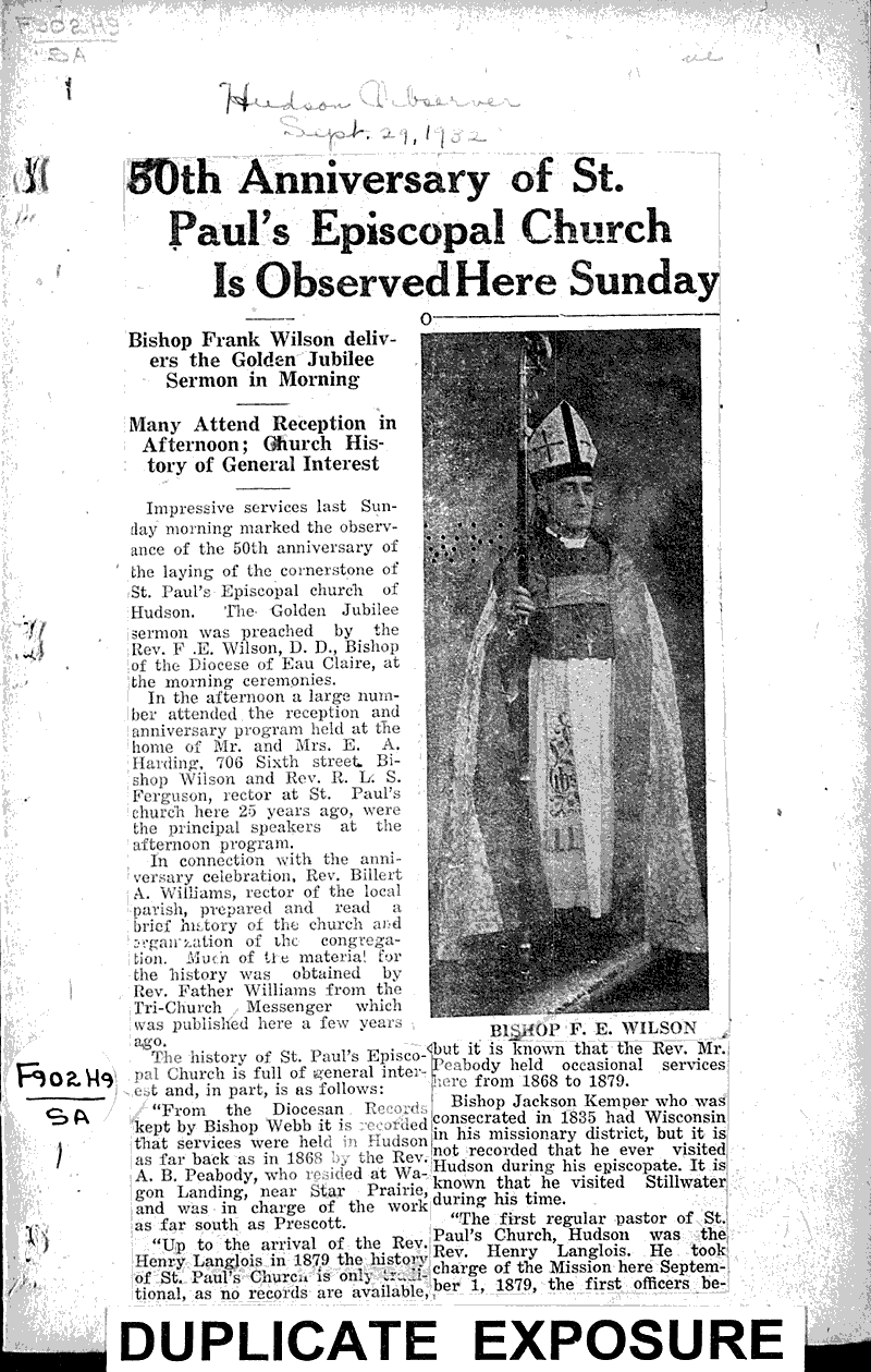  Source: Hudson Star-Observer Topics: Church History Date: 1932-09-29
