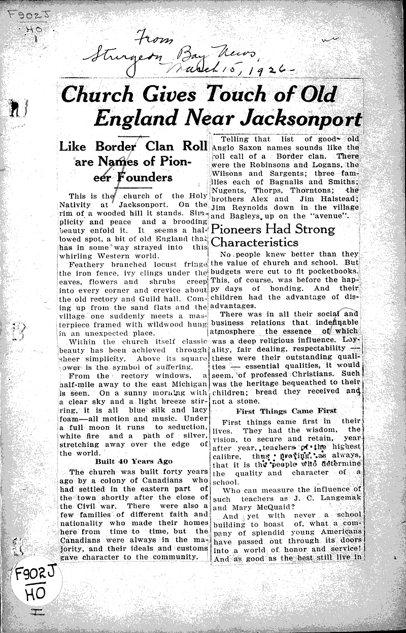  Source: Sturgeon Bay News Topics: Church History Date: 1926-03-15