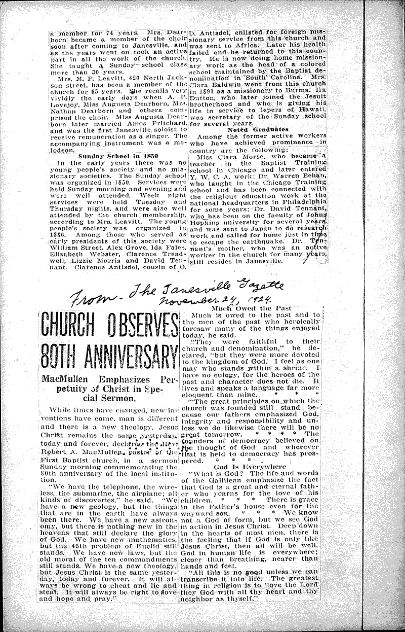  Source: Janesville Gazette Topics: Church History Date: 1924-11-22