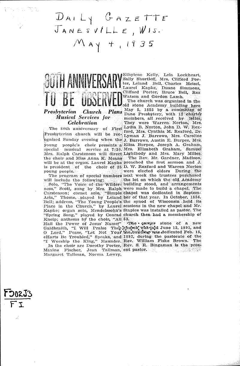  Source: Janesville Daily Gazette Topics: Church History Date: 1935-05-04