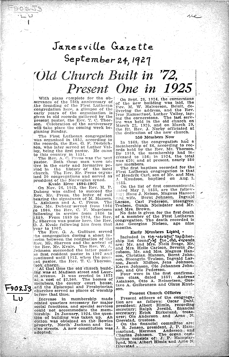  Source: Janesville Gazette Topics: Church History Date: 1927-09-24