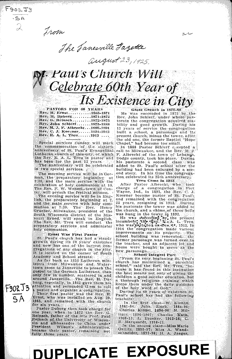  Source: Janesville Gazette Topics: Church History Date: 1925-08-23