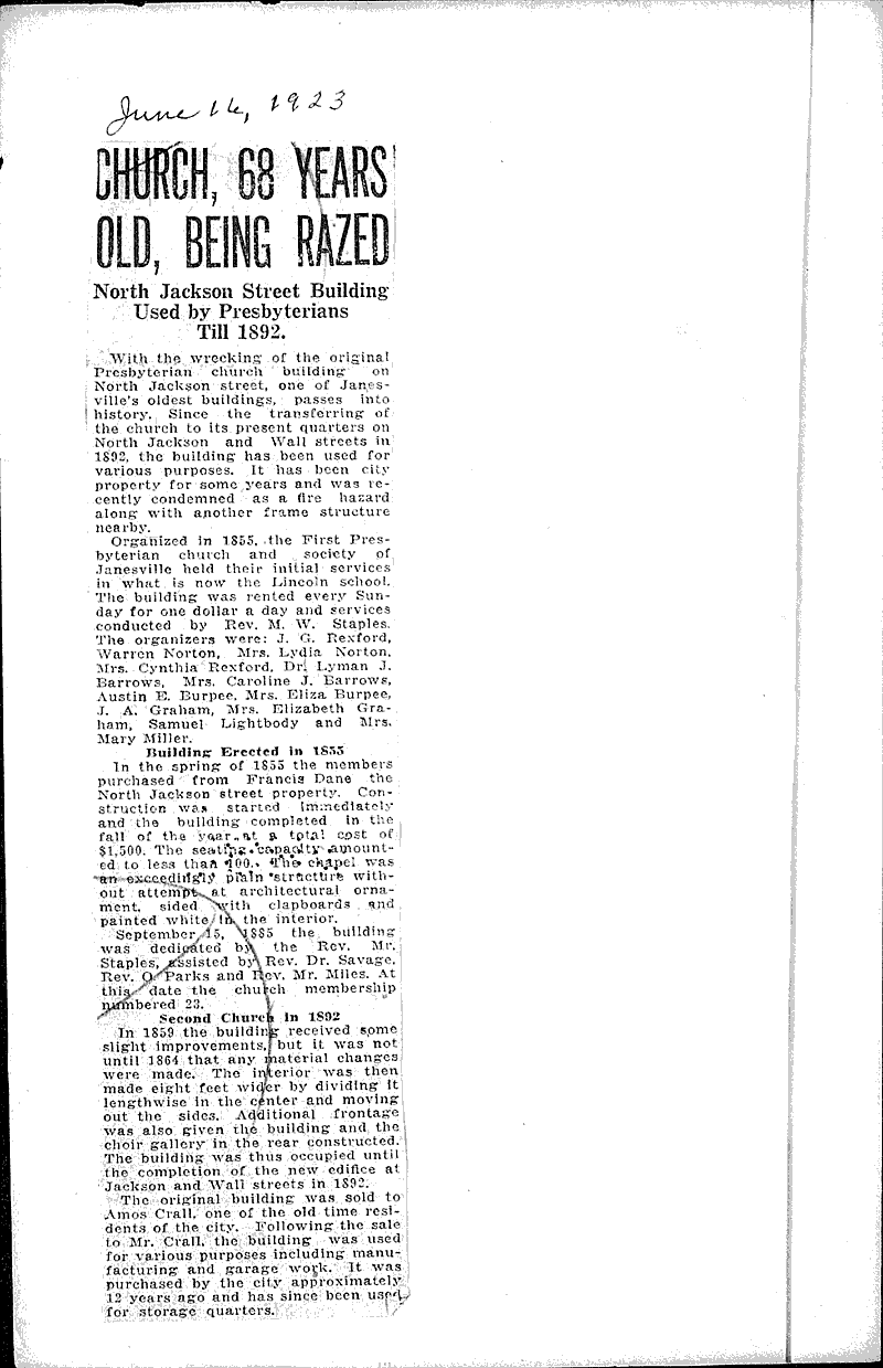  Source: Janesville Gazette Topics: Church History Date: 1923-06-16