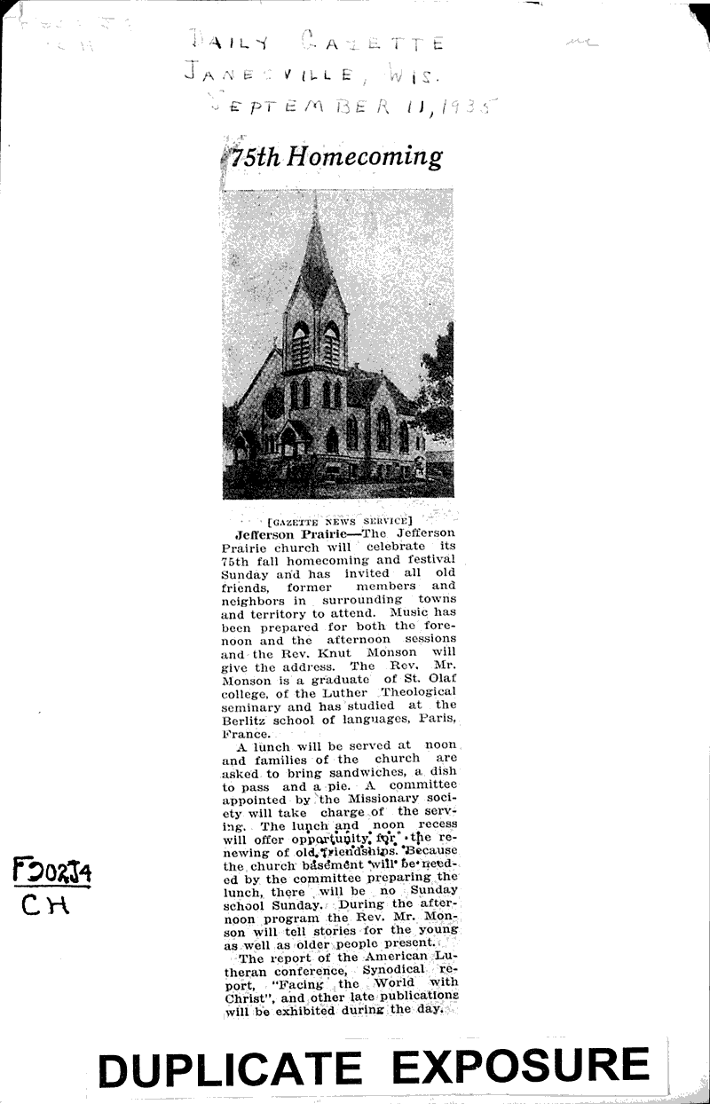  Source: Janesville Daily Gazette Topics: Church History Date: 1935-09-11