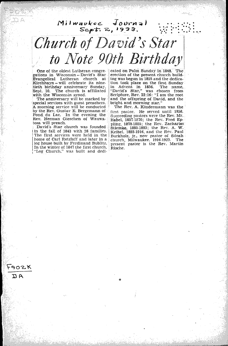  Source: Milwaukee Journal Topics: Church History Date: 1933-09-02