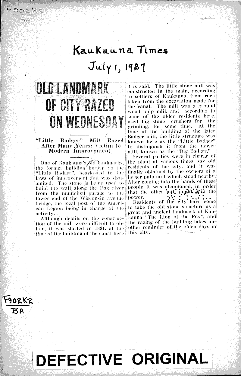  Source: Kaukauna Times Topics: Industry Date: 1927-07-01