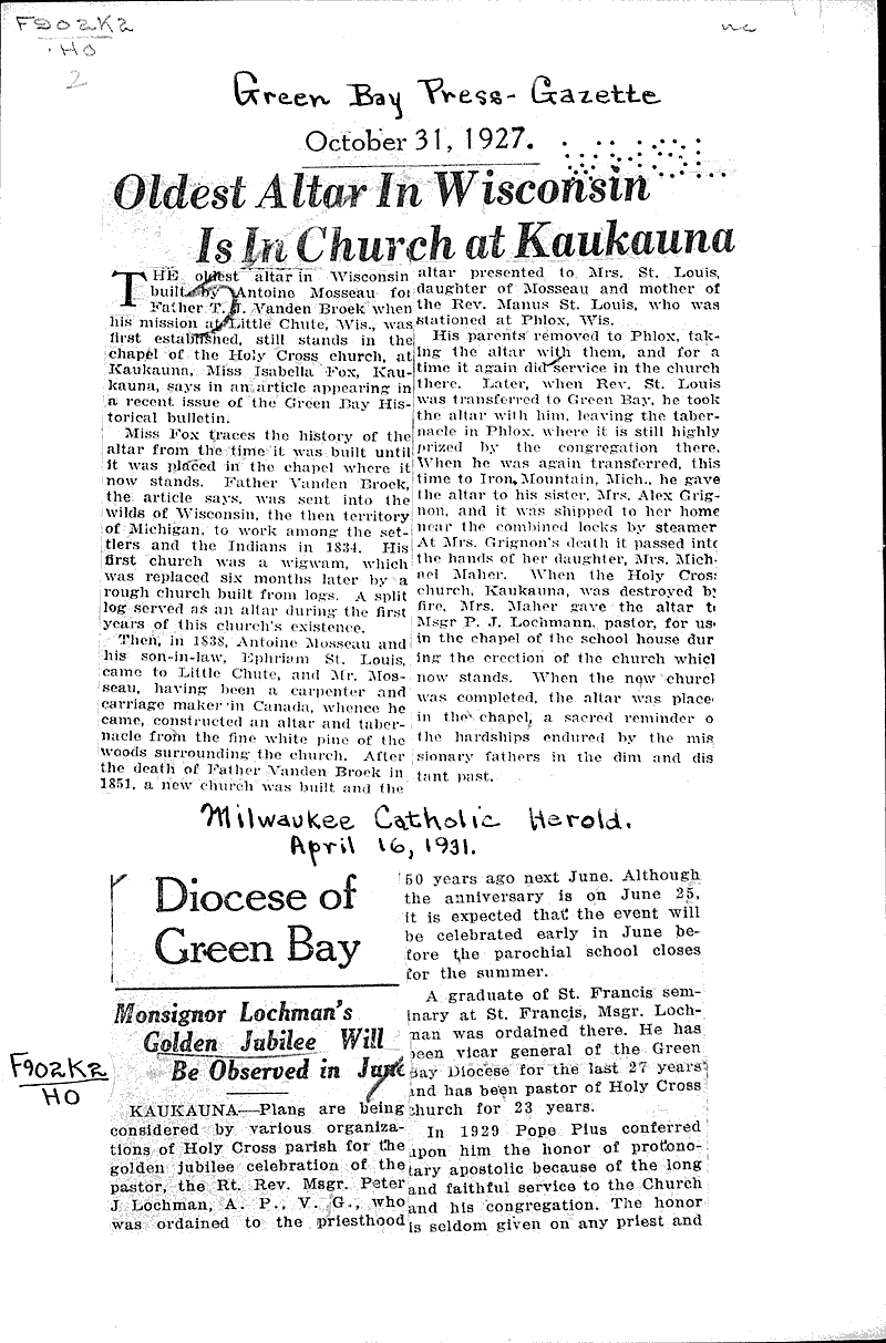  Source: Green Bay Press Gazette Topics: Church History Date: 1927-10-31