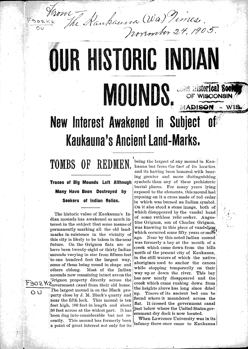  Source: Kaukauna Times Topics: Indians and Native Peoples Date: 1905-11-24