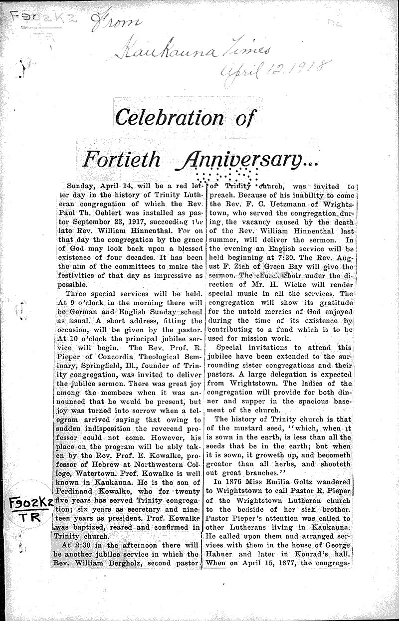  Source: Kaukauna Times Topics: Church History Date: 1918-04-12