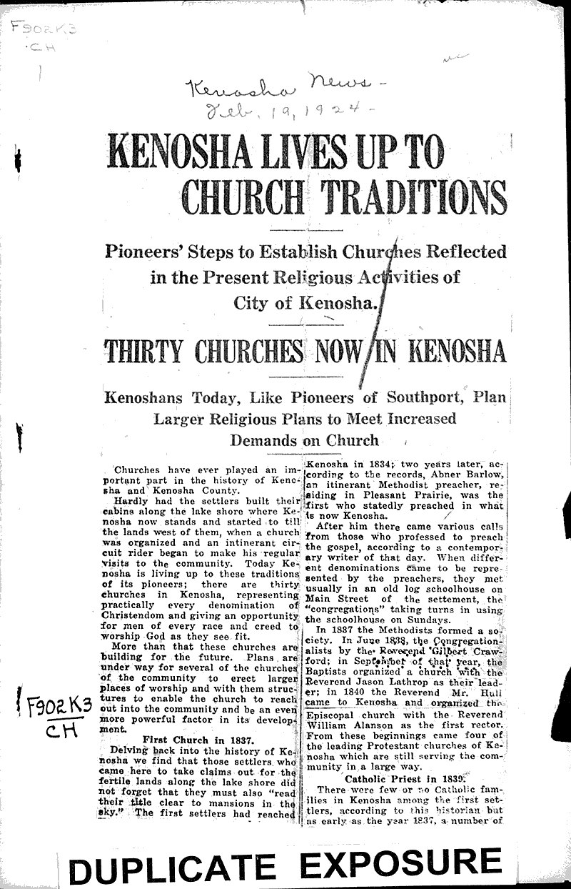  Source: Kenosha News Topics: Church History Date: 1924-02-19