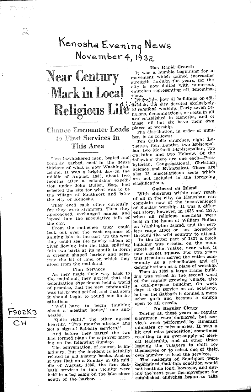  Source: Kenosha Evening News Topics: Church History Date: 1932-11-04
