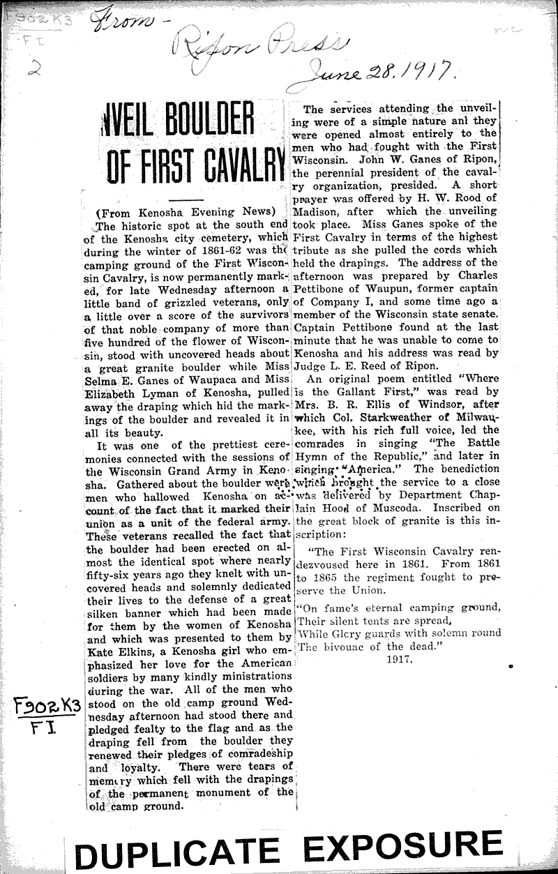  Source: Ripon Press Topics: Civil War Date: 1917-06-28