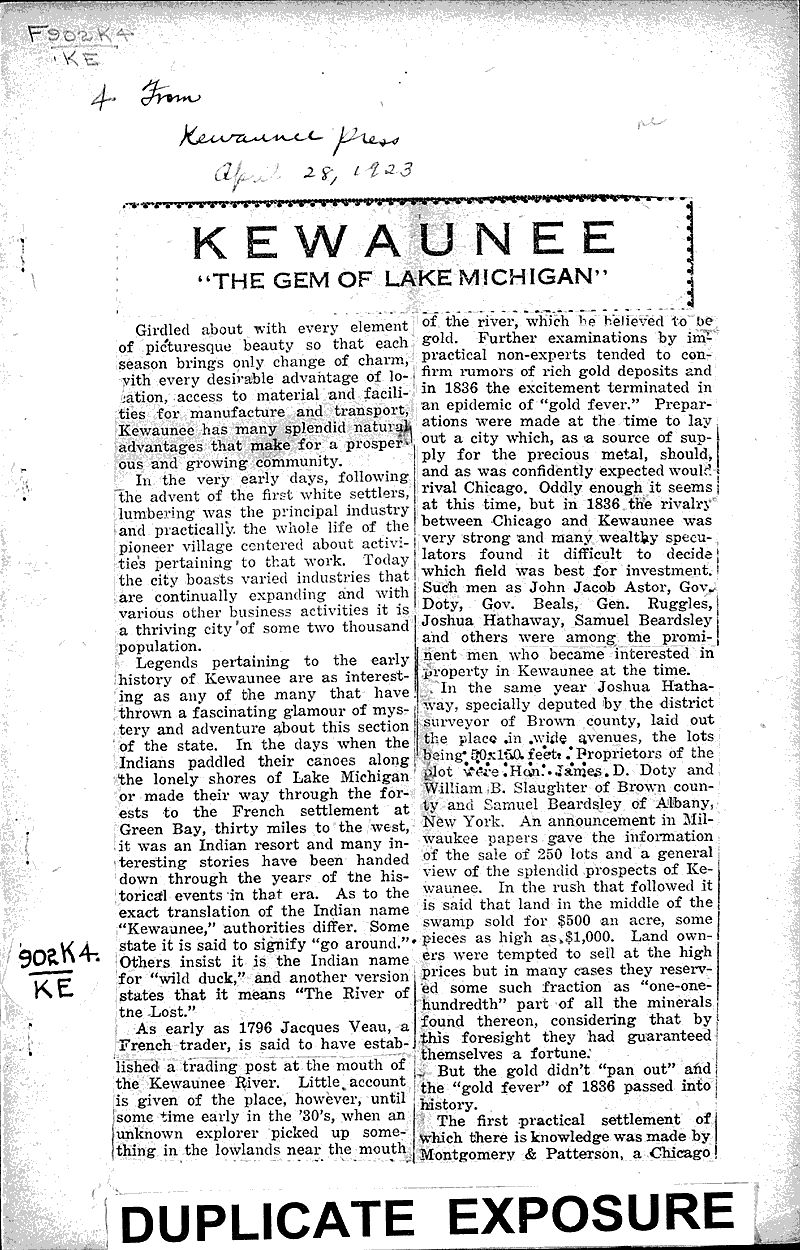  Source: Kewaunee Press Date: 1923-04-28
