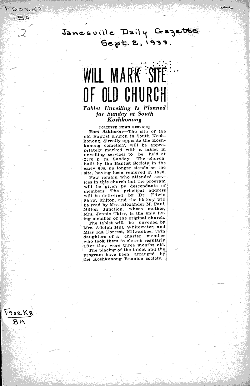  Source: Janesville Daily Gazette Topics: Church History Date: 1933-09-02