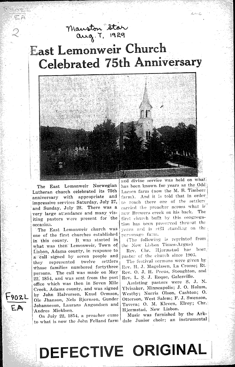  Source: Mauston Star Topics: Church History Date: 1929-08-07