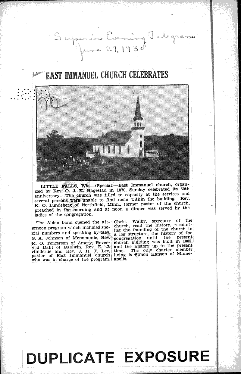  Source: Superior Evening Telegram Topics: Church History Date: 1930-06-27