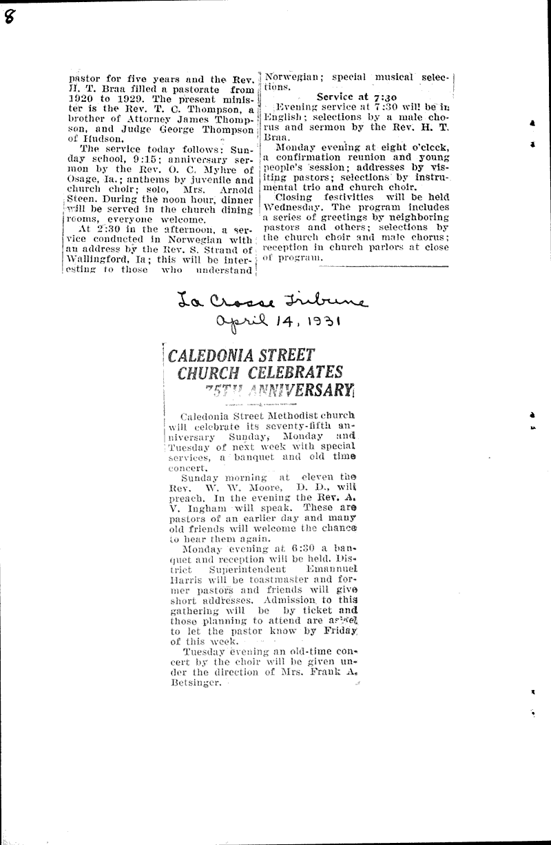  Source: La Crosse Tribune Topics: Church History Date: 1927-01-16