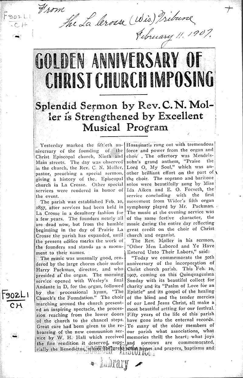  Source: La Crosse Tribune Topics: Church History Date: 1907-02-11