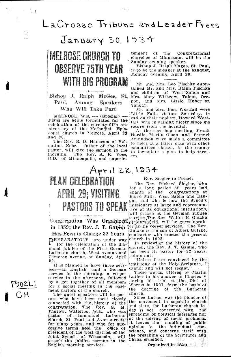  Source: La Crosse Tribune and Leader-Press Topics: Church History Date: 1934-01-30