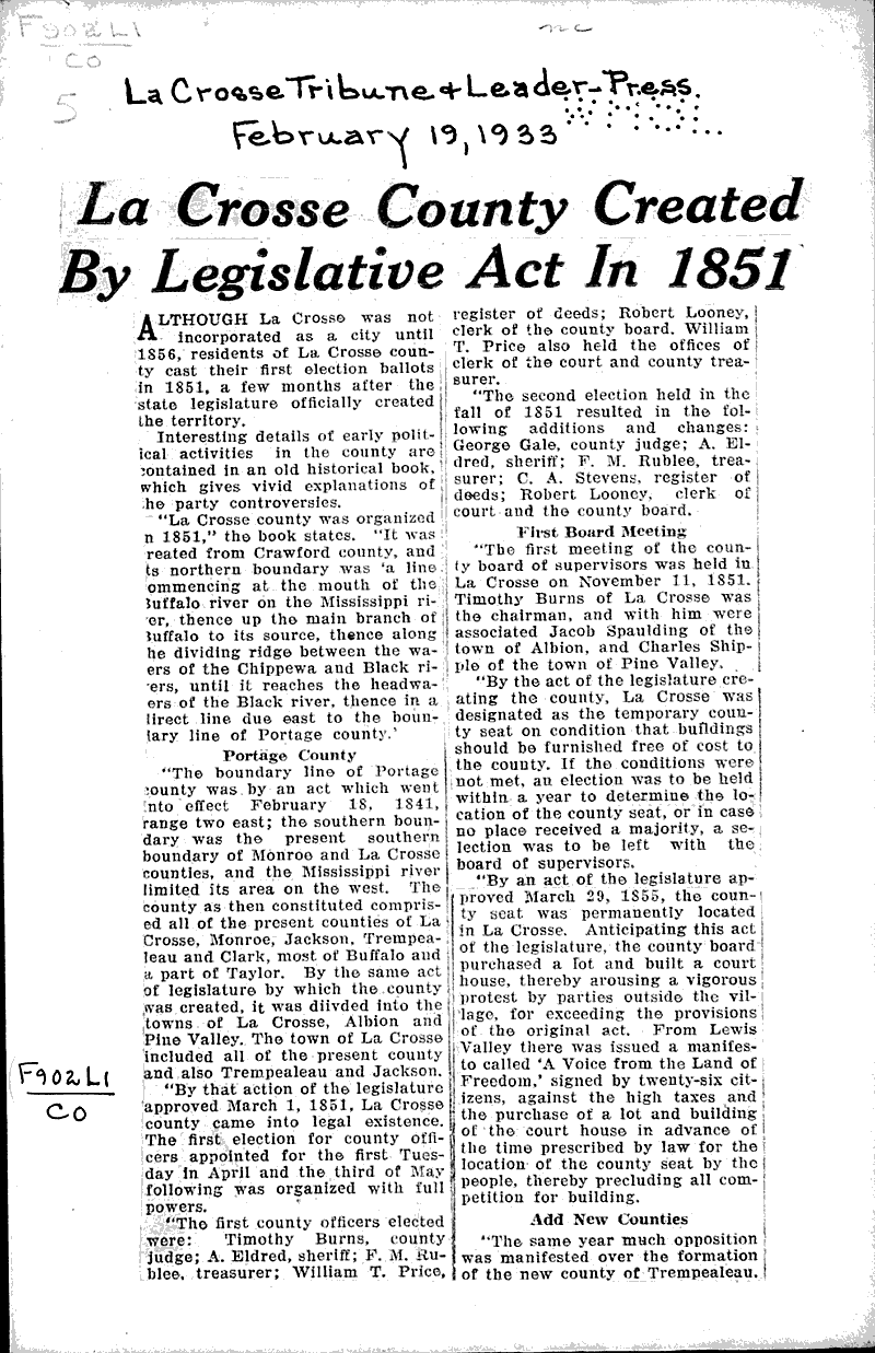  Source: La Crosse Tribune and Leader-Press Topics: Government and Politics Date: 1933-02-19