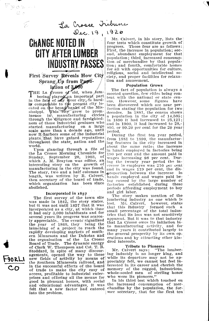  Source: La Crosse Tribune Topics: Industry Date: 1926-12-19